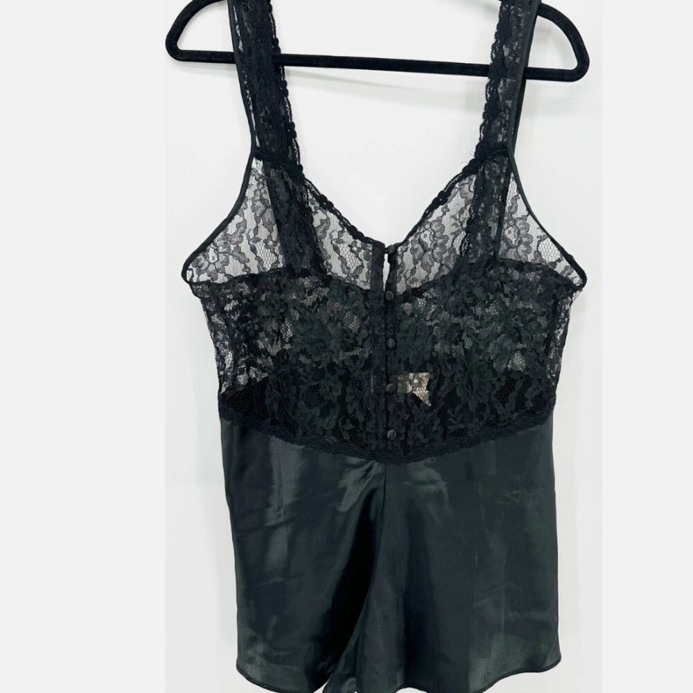 Victoria's Secret Black Satin & Lace Button Front Lingerie Teddy Grunge - Picture 2 of 8